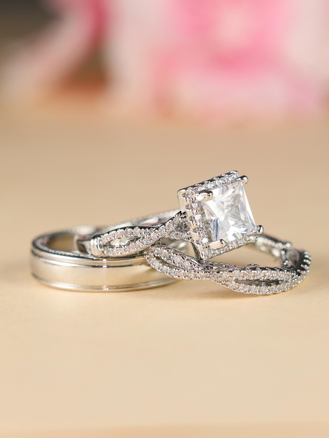 Luxury Princess Cut Cubic Zirconia Bridal Ring Set, 14K Two Tone Gold Plated Engagement Wedding Ring Set for Women, Vintage Halo CZ Wedding Band