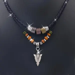 European And American Retro Jewelry Multi-Layer Woven Rope Beaded Necklace Metal Triangle Arrow Pendant Necklace Men'S Jewelry