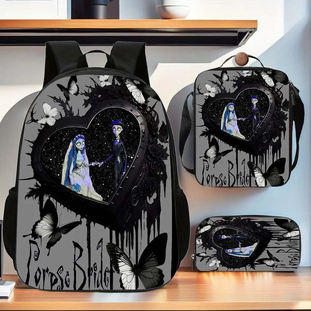 Teenagers' 3-Piece Synthetic School Set - Zombie Bride Heart-Shaped Frame, Butterfly Pattern, Zip-Closure Backpack, Insulated Lunch Pouch, Stationery Storage Pouch for College, Holidays, Trips Daily Use