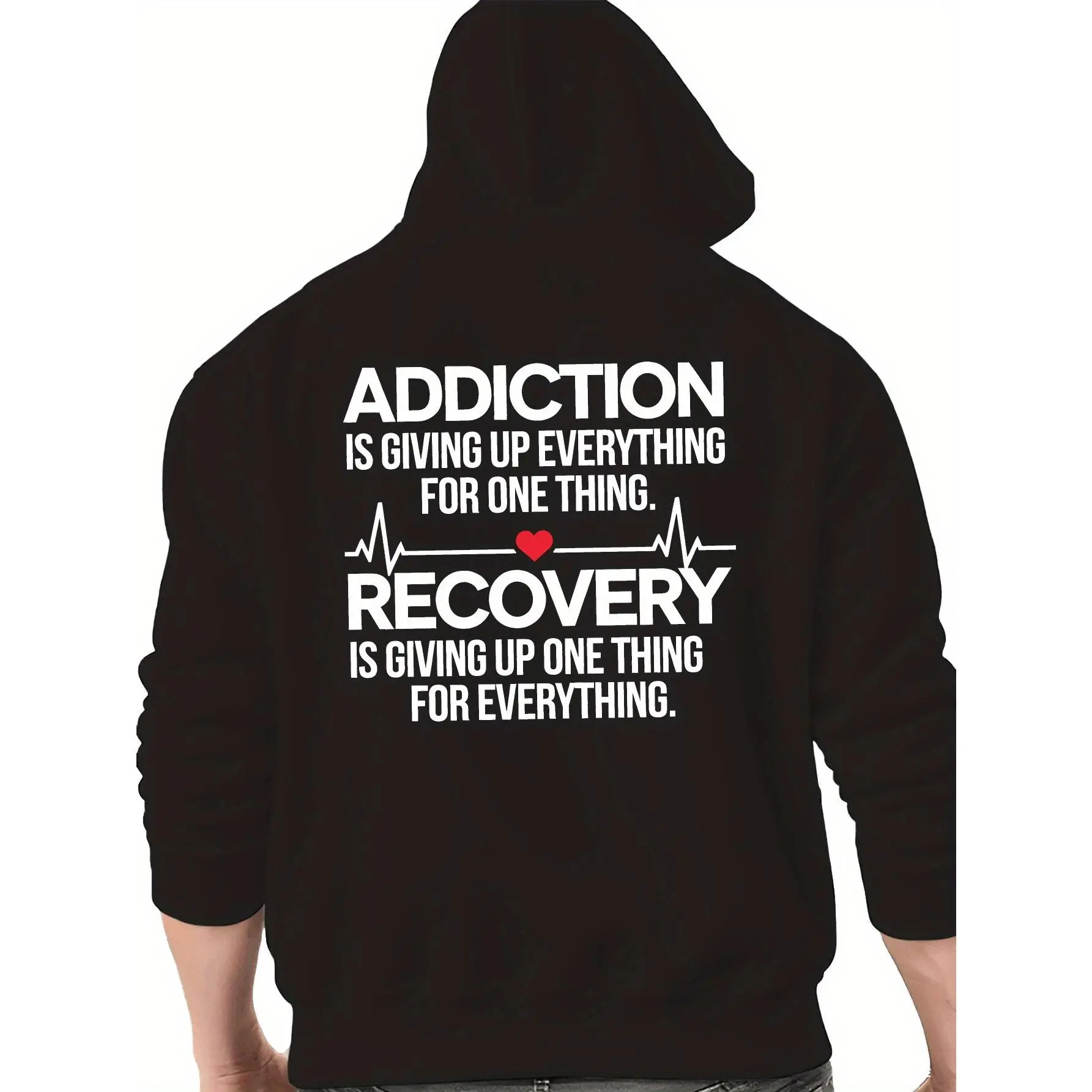 Oversized Back Print Hoodie Sobriety Recovery Motivational Slogan With Heart ECG Line Graphic Mental Health Positive Healing Casual Street Pullover