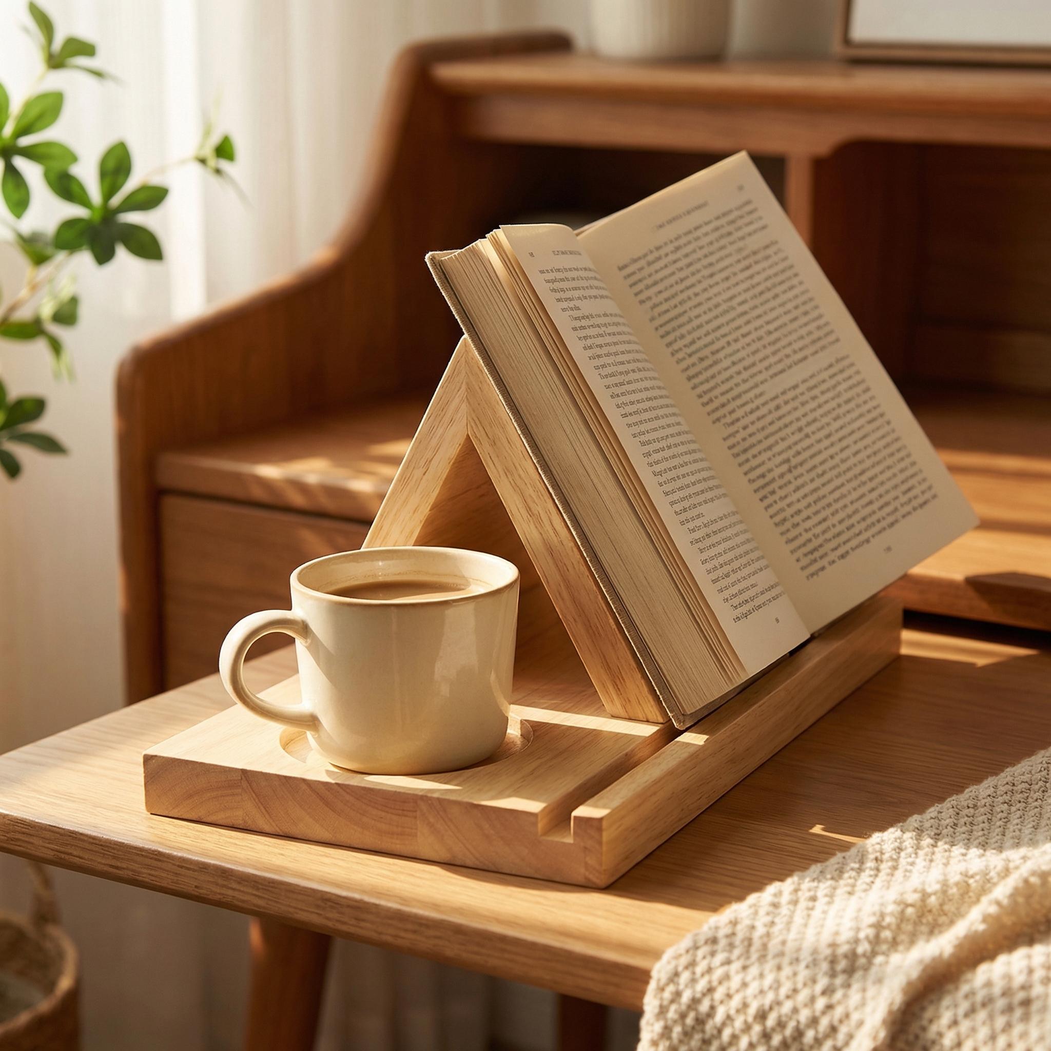 Handcrafted Solid Wood Triangle Book Rest with Cup Holder |   2-in-1 Wooden Bookmark Stand & Coffee Tray |   Aesthetic Bookworm Gift for Readers |   2026 National Reading Month Essential