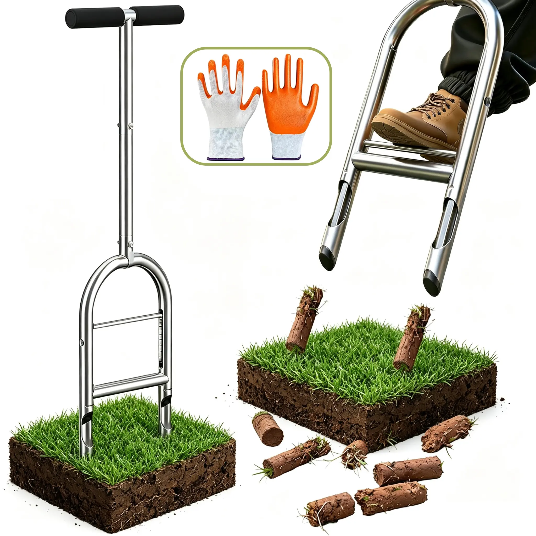 Manual Lawn Core Aerator, Stainless Steel Grass Plug Aerator with Easy Soil Core Ejector, 39-Inch Standing Lawn Tool for Improving Water, Air and Nutrient Flow