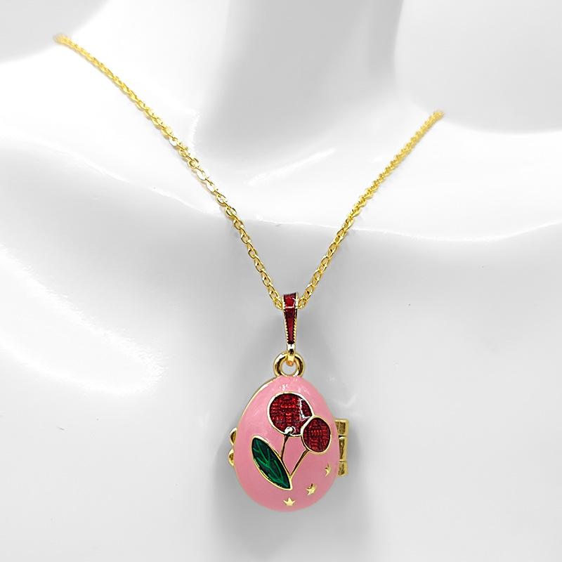 Surprise Butterfly Locket Necklace, Pink Enamel Cherry Egg Pendant, Openable Jewelry with Secret Charm Inside, Gold Tone Boho Aesthetic Accessory, Unique Gift