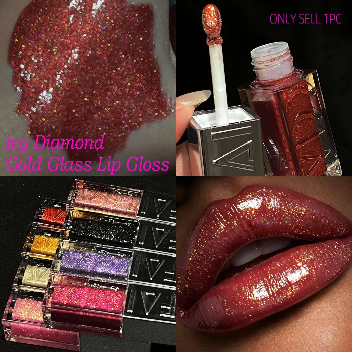 FAICCA Icy Diamond Gold Glass Lip Gloss 3D silver logo angular clear square bottle eight multi glitter shade gold pink purple red brown black sheer jelly dewy texture loaded micro iridescent glitter plump pout hydrate smooth lip lines non sticky long