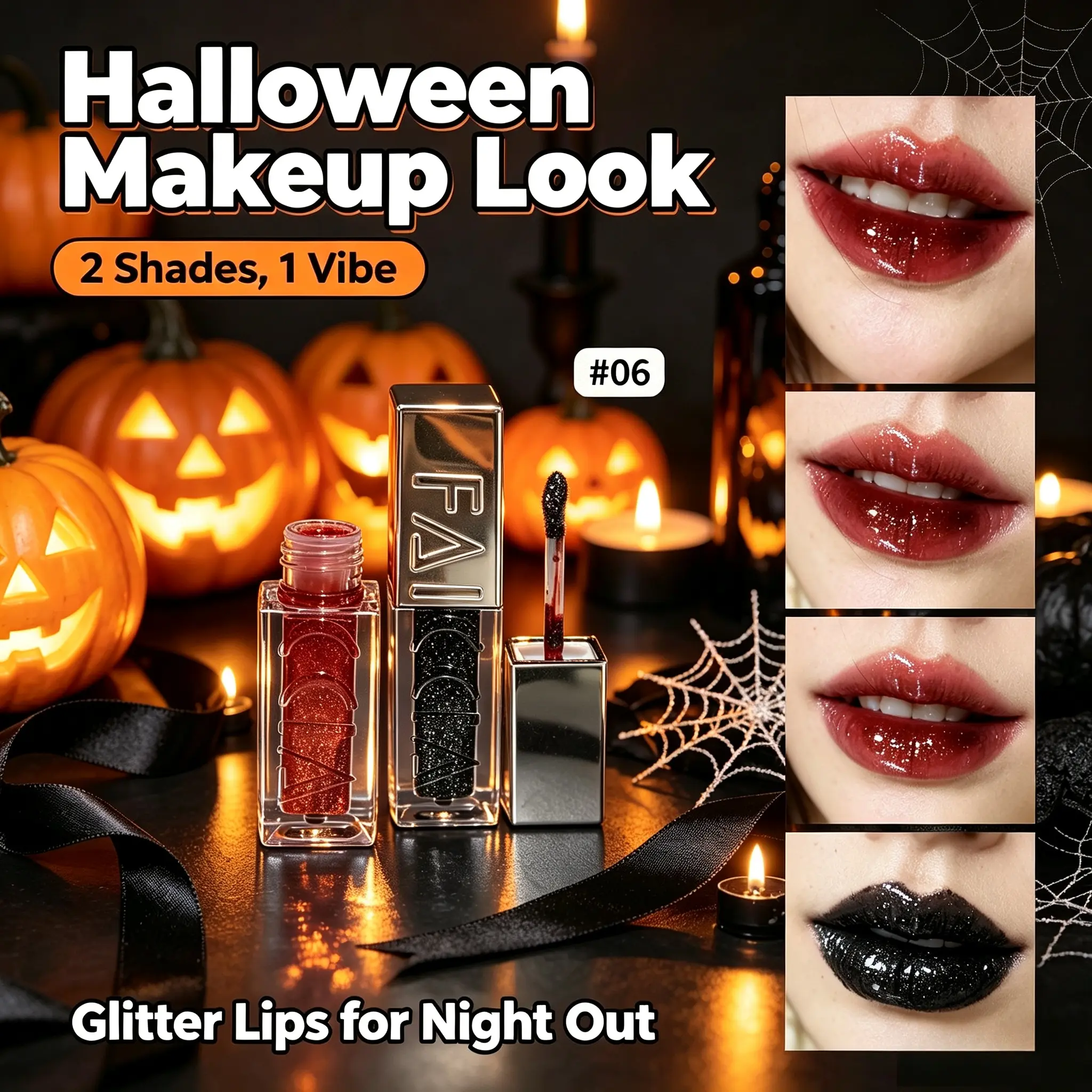 2‑Pack Halloween Vibe Lip Gloss Combo, Shimmery Glass Lip Gloss, Vintage Deep #06 Wine Red & Edgy #07 Cool Black, Create Stunning Gothic Look, Must‑have Pigmented Makeup Set For Halloween Cosplay, Party And Stage Show.
