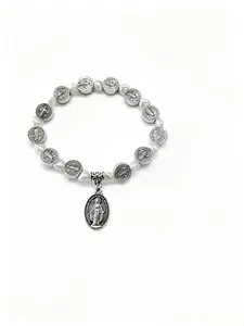 Elegant Alloy Saint Medal Bracelet with Imitation Pearl, European Vintage Style Stretchy Hand Chain, Women's Religious Prayer Jewelry