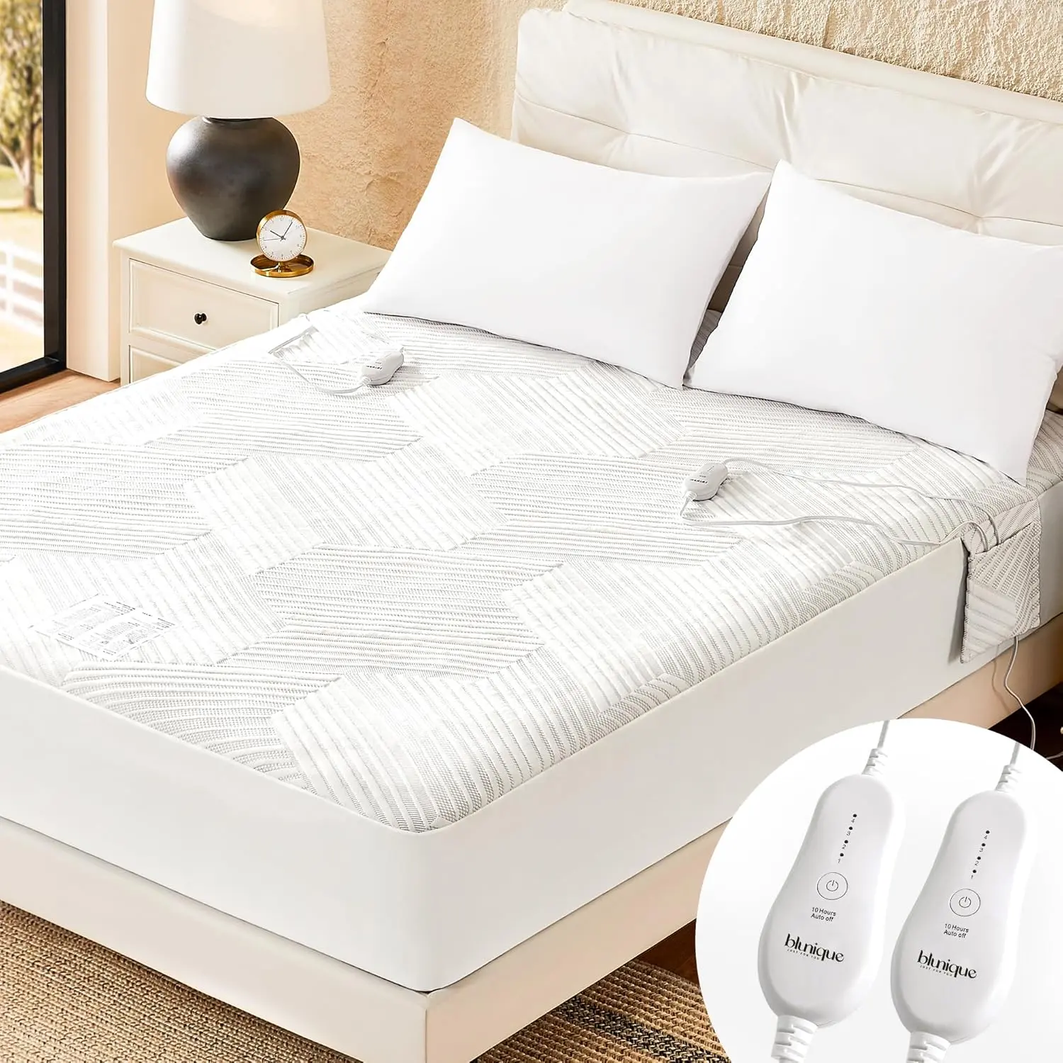 Electric Heated Mattress Pad Queen Size Dual Control Bed Warmer, Deep Pocket, Side Storage Pouch for Controller, Machine Washable, 3D Air Layer Fabric, 60"x80", Grey