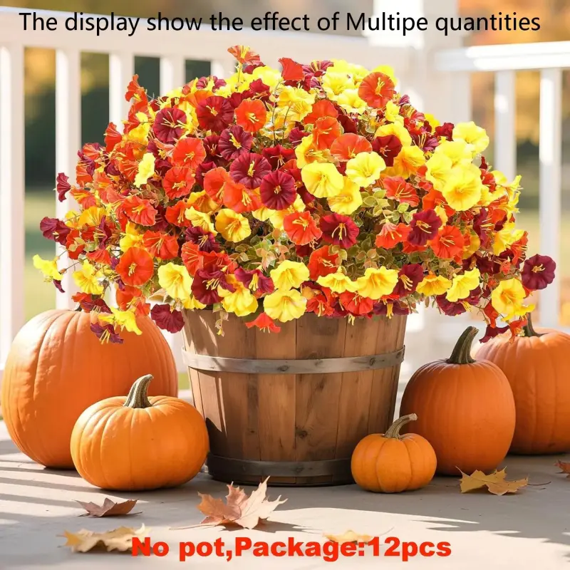 12 Bundles Fall Flower Faux Mums for Outdoor,UV Resistant Silk Morning Glory Artificial Fake Flowers with Eucalyptus Artificial Flower Decoration for for Autumn Garden Patio Yard Balcony Front Door Planter Decor