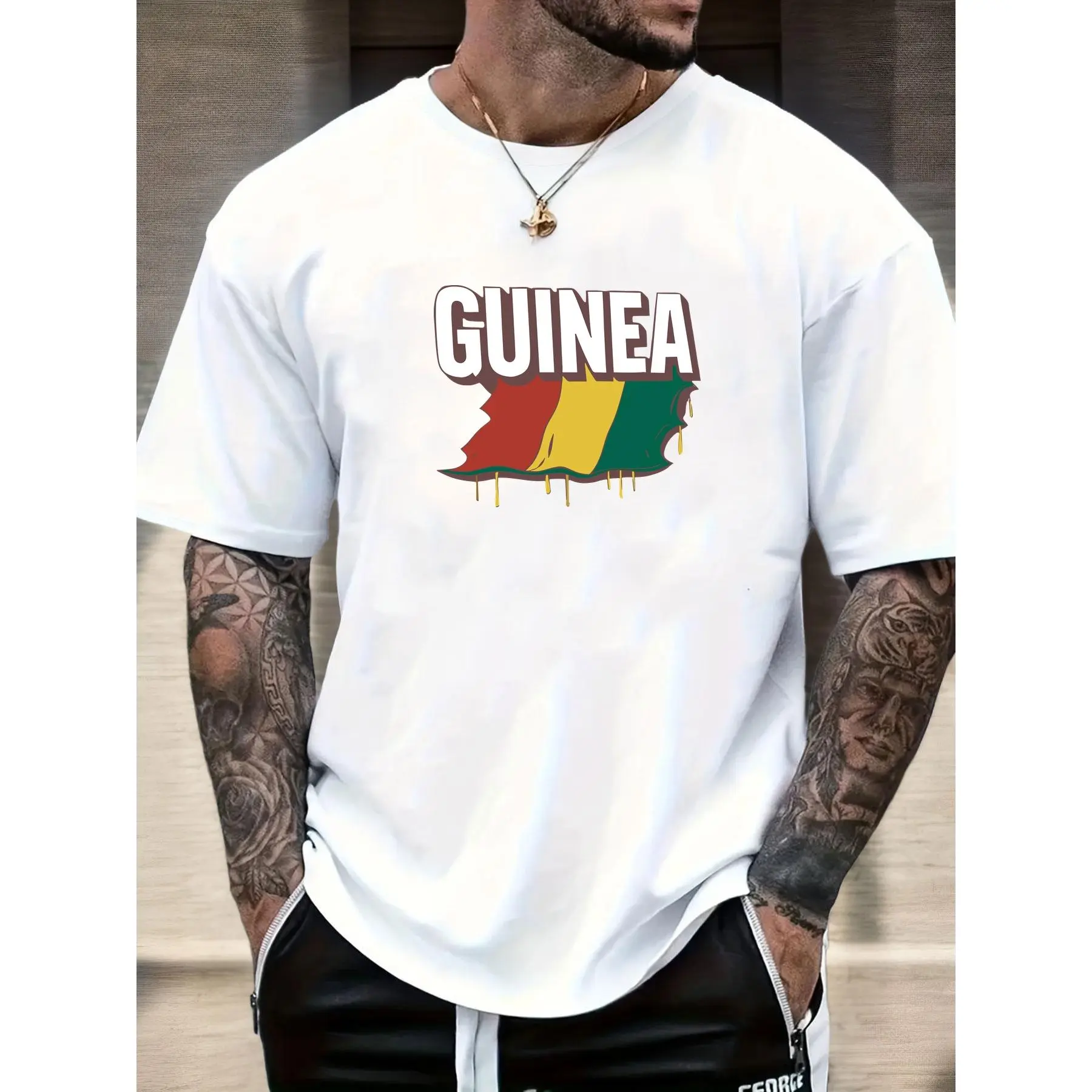 Men's Guinea Flag T-Shirt with GUINEA Print & National Emblem - Lightweight Summer Short Sleeve Round Neck Casual Tee, White with Green/Yellow/Golden African Colors for Guinean Pride & Casual Attire