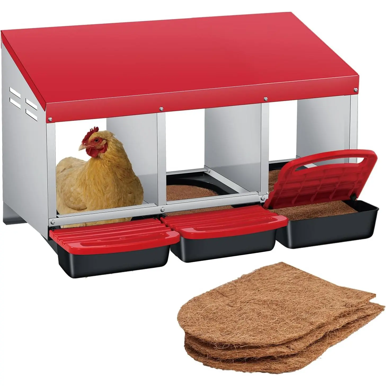 Chicken Nesting Boxes with Cleanable Pull-Out Trays, 3-Hole Wall Mount Roll Away Nest for Easy Cleaning & Egg Collection