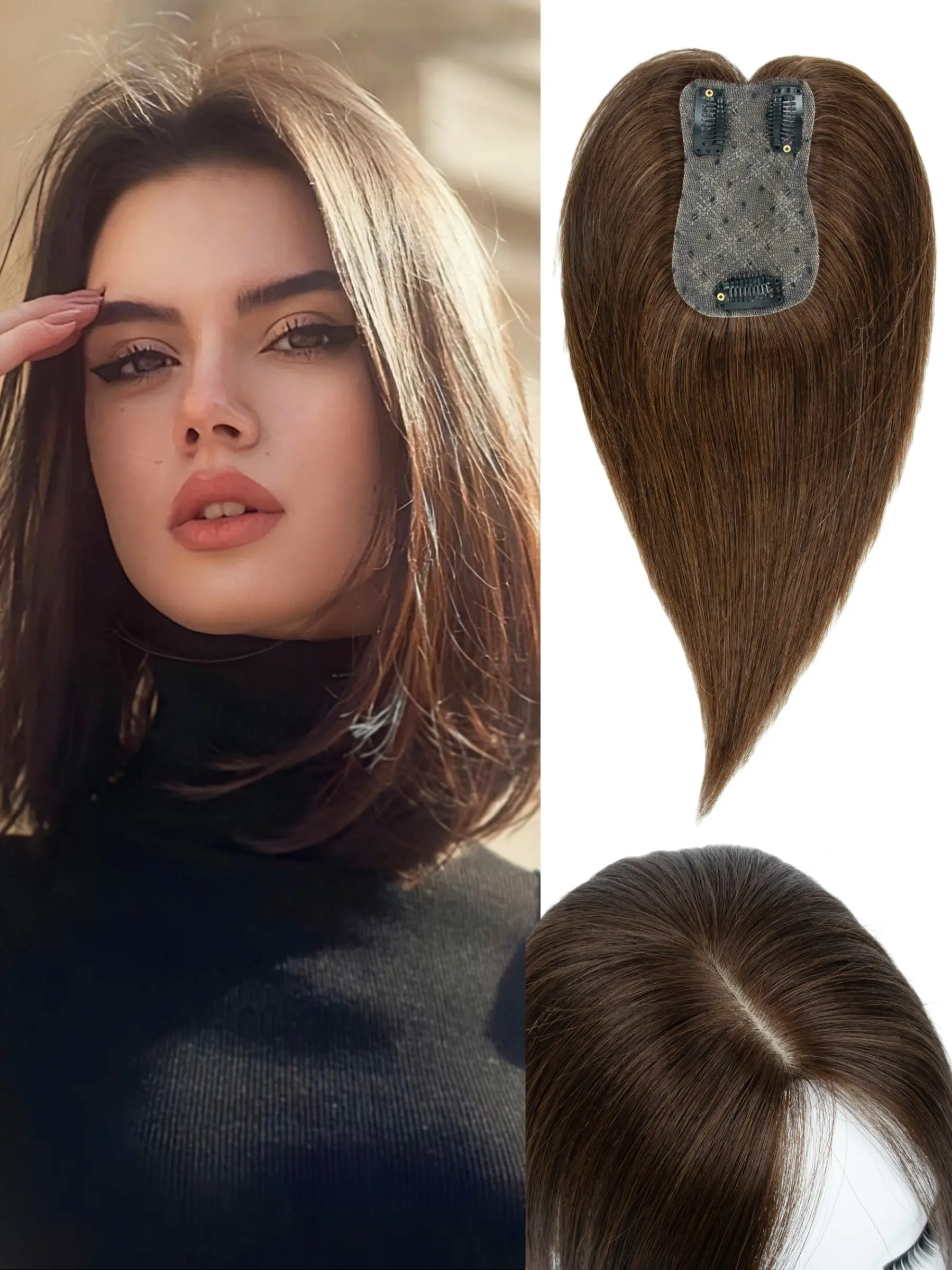 Women's Middle Part Real Human Hairline Topper Clip-In, Comfortable Breathable Mini Hair Wig for Balding/thinning Hair, Stylish Hair Piece, Invisible Hair Topper