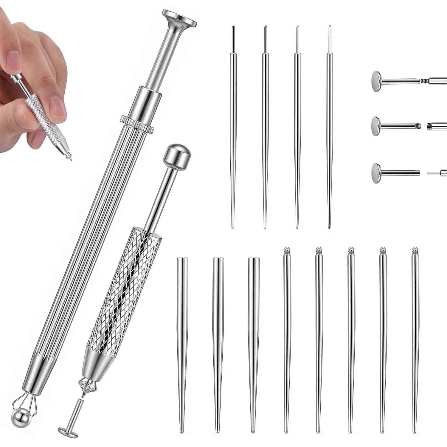 Body Piercing Jewelry Insertion Tool Kit, Stainless Steel Piercing Taper and Ball Grabber for Flat Back Earrings, Threadless Insertion Pins in 14G 16G 18G 20G