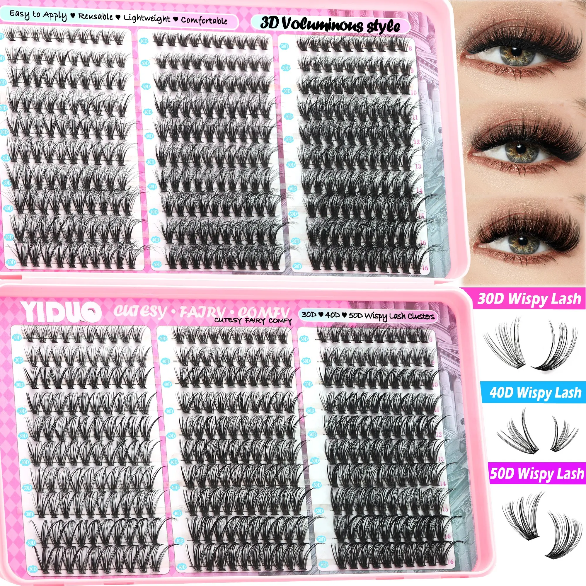 YIDUO 0.05mm Eyelash Cluster – Multiple Styles: 30D+40D+50D+3D effects Eyelash  8–16mm Cluster Eyelash Extension  600 Pcs, D-Curl,  Easy DIY at Home.