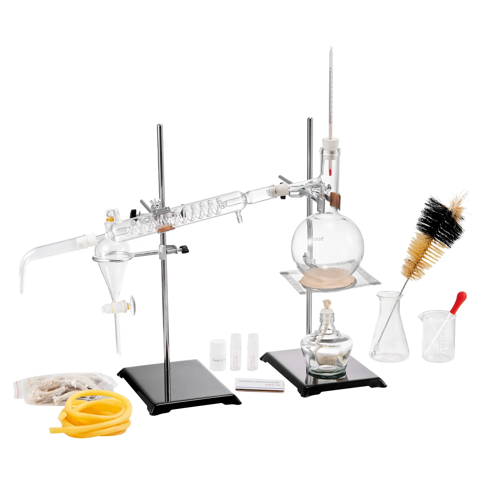 Essential Oil Distillation Kit, 500ml Distillation Apparatus, 3.3 Boro Lab Glassware Distillation Kit with Alcohol Lamp, Ceramic Mesh and 24, 40 Joint, 28 pcs Set