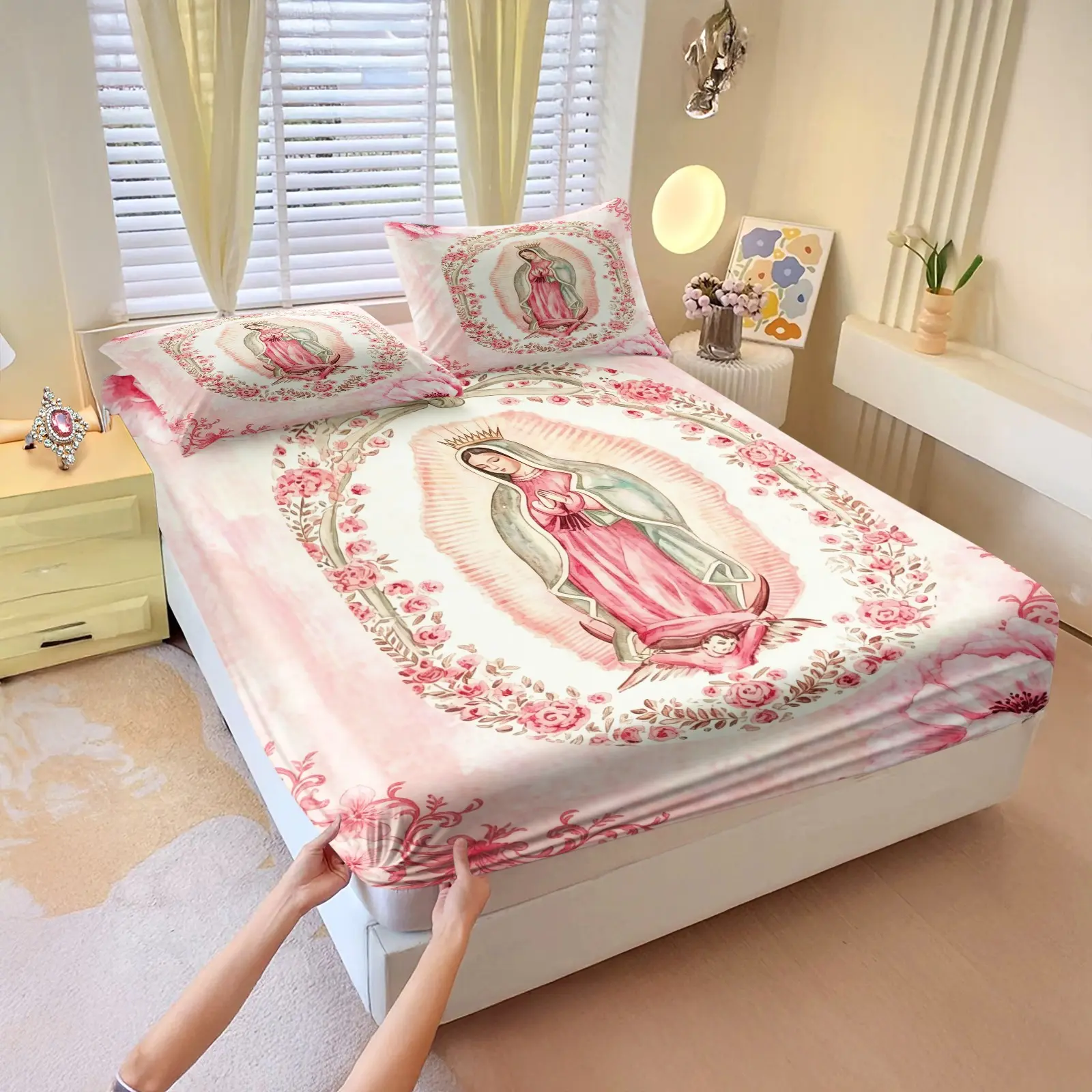 Vintage Floral Virgin Mary Blessing Pattern All Over Print Fitted Sheet Set 3Pcs, 1 Fitted Sheet & 2 Pillowcases Without Pillow Inserts, Breathable Wear-resistant Soft Tone Fabric, Machine Washable All Season, Religious Lover Holiday Home Bedding Set