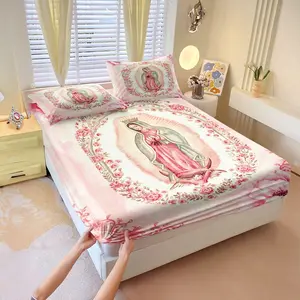 Vintage Floral Virgin Mary Blessing Pattern All Over Print Fitted Sheet Set 3Pcs, 1 Fitted Sheet & 2 Pillowcases Without Pillow Inserts, Breathable Wear-resistant Soft Tone Fabric, Machine Washable All Season, Religious Lover Holiday Home Bedding Set