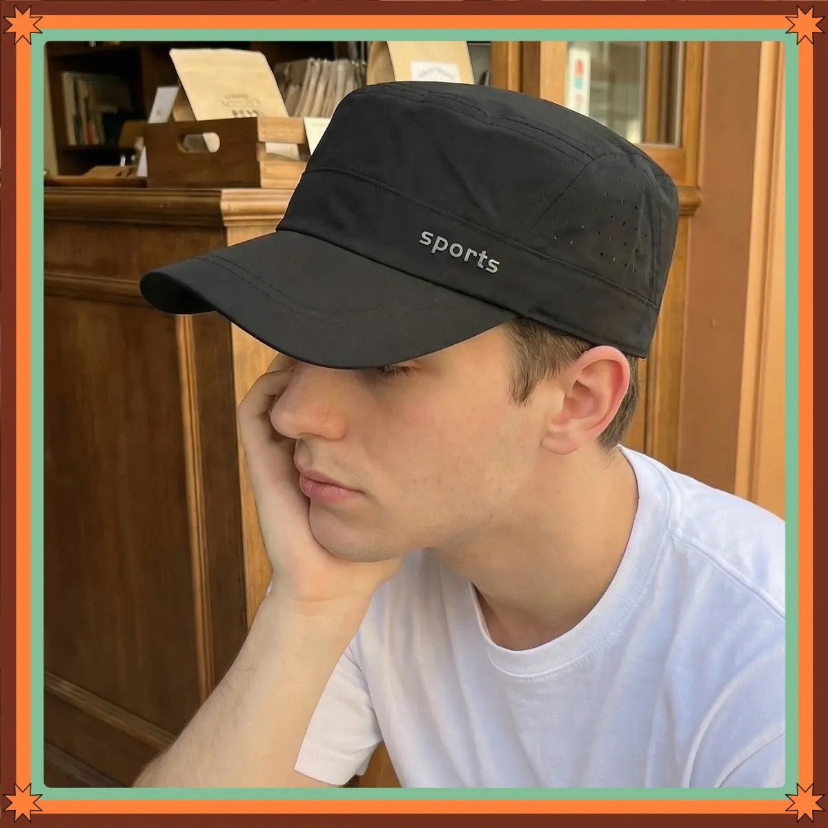 Mens Womens Black Flat Top Military Hat Cotton Cadet Army Cap Stitch Sports Design Soft Adjustable Classic Ball Cap Summer Outdoor Sports Sun Hat Casual Running Fishing Hiking Golf Travel Caps