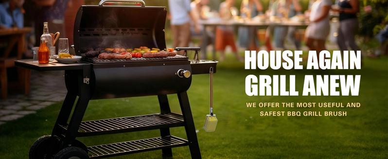 Grill Brush Bristle Free with Scraper, Safe Steam Cleaned Replaceable Head Fire Resistant Grill Cleaning Brush Strong Barbecue Brush Cleaner Non Wire for Outdoor Grill Grate/Wooden Handle