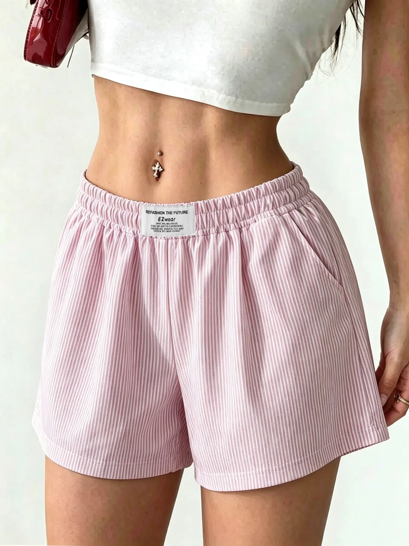 Vertical Stripe Loose Women's Shorts, Elastic Waistband Shorts, Elastic Waist Slimming Summer Casual Bottoms, Blue Striped Two-Tone, Fy111 Batch Number