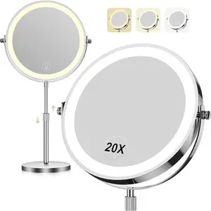 Makeup Mirror with Lights, 1X/20X Double-Sided Magnifying  Mirror, 360? Rotation, 5000mAh Rechargeable Adjustable Brightness with 3 Colors for Dorm, Living Room, Women