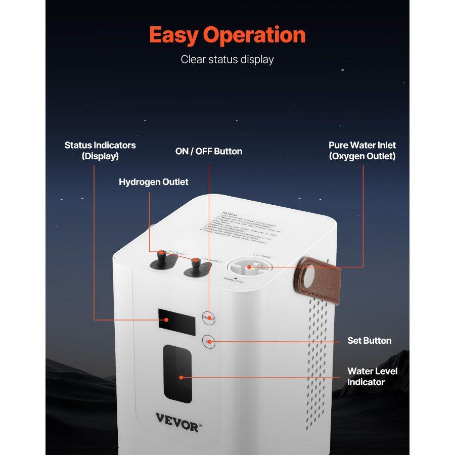 VEVOR Hydrogen Inhalation Machine, 99.99 High Purity Hydrogen Inhaler, HO-Separated 450ml/min (300 H+150 O) Three Ports Hydrogen Oxygen Inhaler, Hydrogen-Rich Water Generator for Home Travel