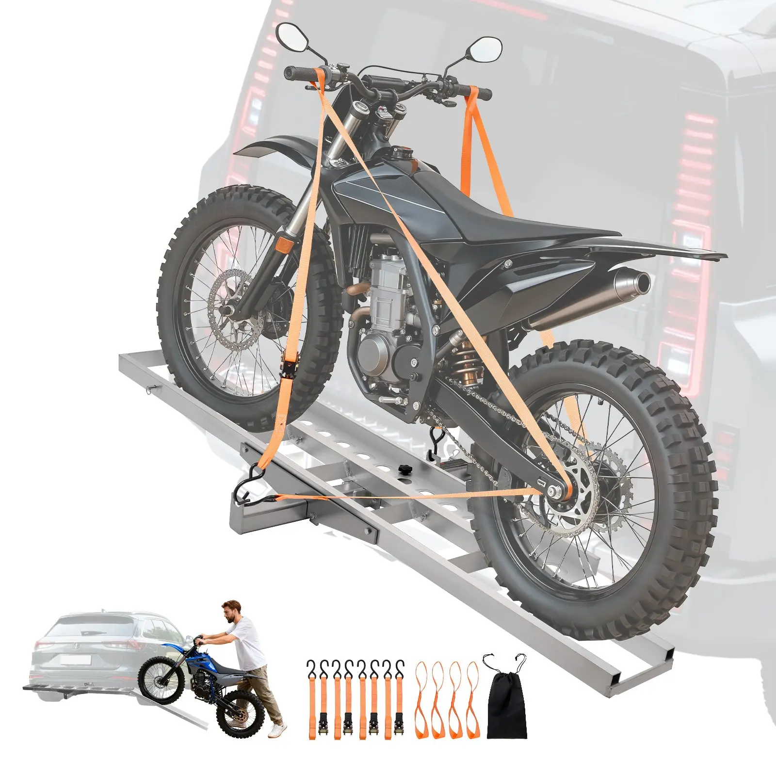 VEVOR Motorcycle Carrier, 400 lbs Capacity, Heavy Duty Aluminum Hitch Mount Rack with 47in Loading Ramp, Straps Stabilizer, Scooter Dirt Bike Trailer Hauler for Car Truck with 2-Inch Hitch Receiver