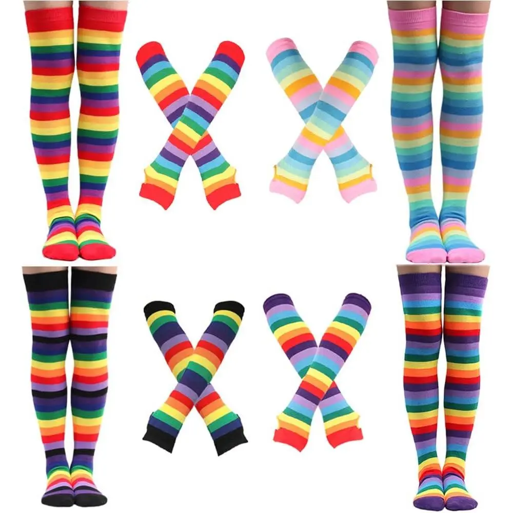 2/4 Sets Womens Striped  High Socks Long Knitted Arm Warmers Fingerless Gloves for Halloween Costume