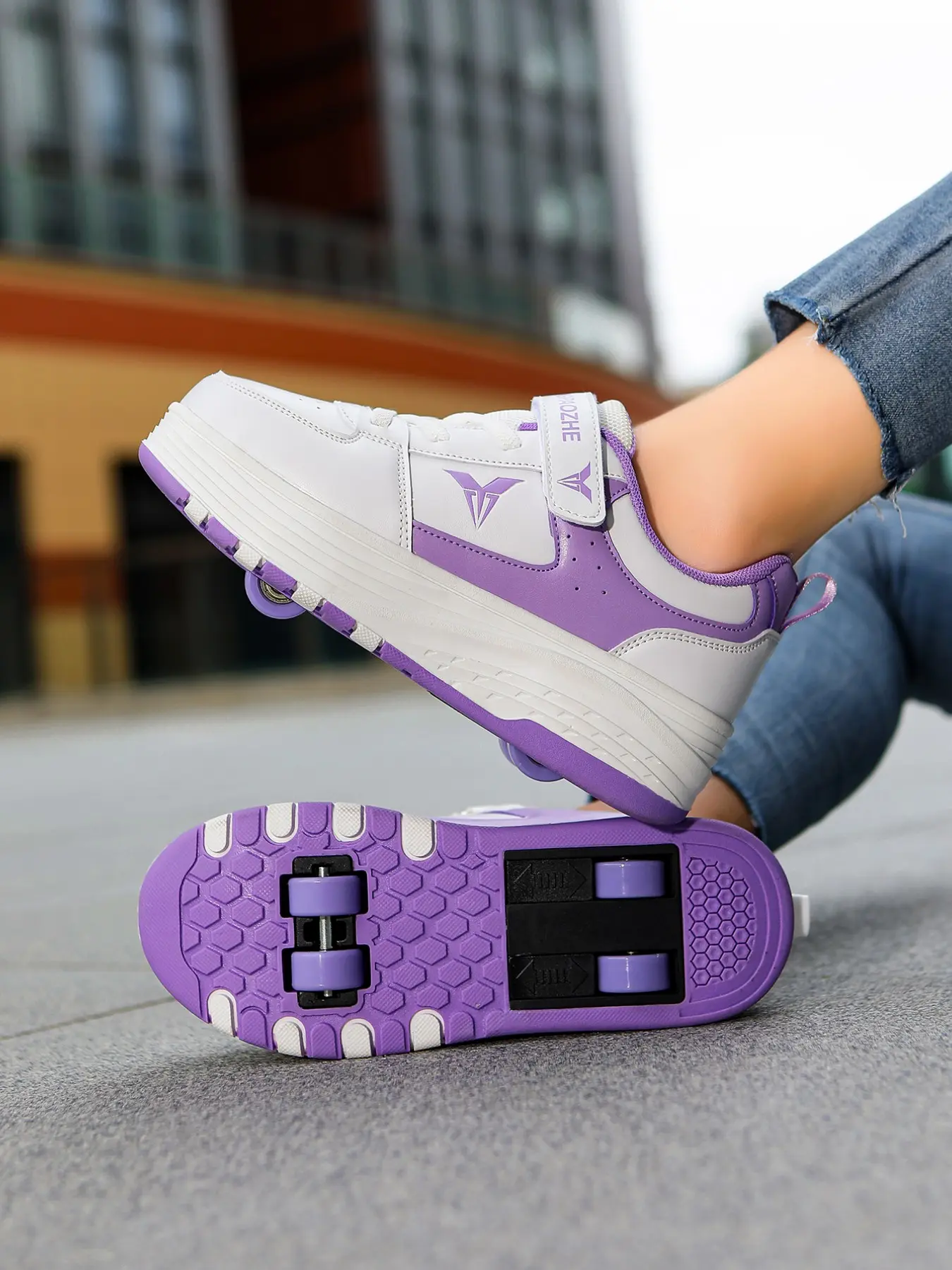 Kids 4-Wheel Detachable Roller Skates, Girls Outdoor Deformable Wheeled Sneakers, Synthetic Leather, Fall Season, Less Than Ankle Height