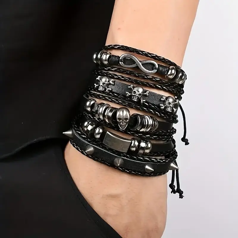 5pcs Men's Retro Punk Style Alloy Skull Leather Bracelets, European and American Fashion Accessories, Unique Gift Idea, Bracelet Sets