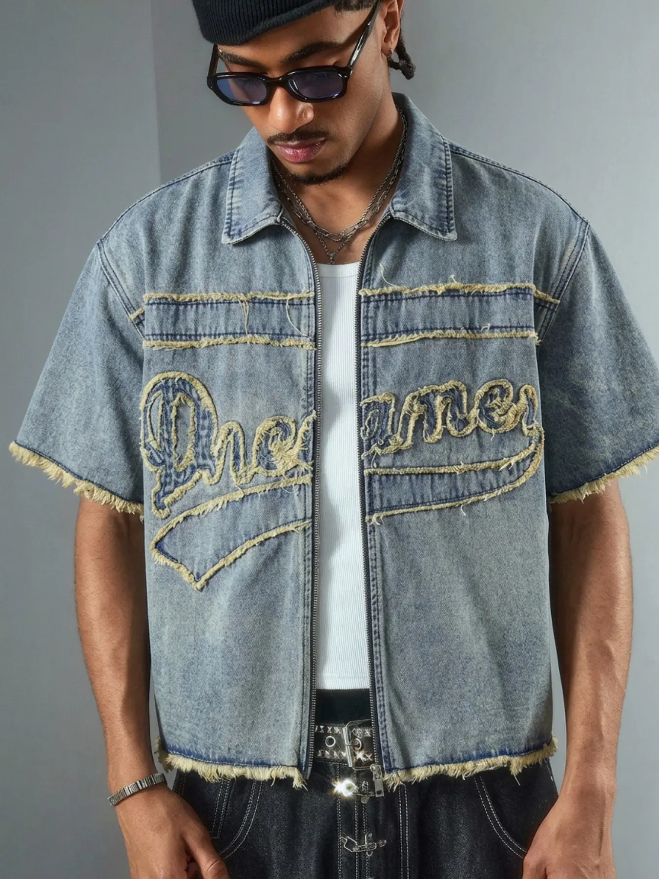 Men's Denim Shirt with Unique Design, English Patchwork Embroidery, Frayed Edge, Washed, Heavy Letter Stitching, Zipper, Comfortable Daily Wear