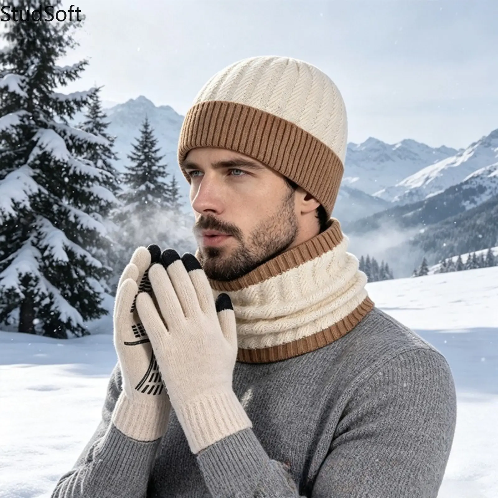 3PCS Unisex Winter Knit Beanie Hat Scarf Gloves Set Slouchy Couples Ribbed Cap Thick Thermal Two Tone Chevron Pattern Mittens Pack for Men Women Ski