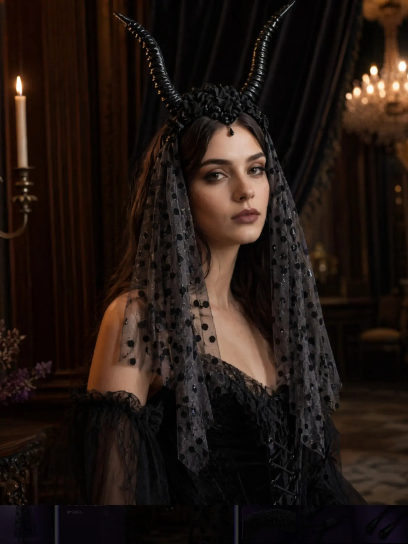 Gothic Queen Dark Horn Headband, Netting Halloween Party Accessory, Nightmare Style Costume for Ballroom Performance