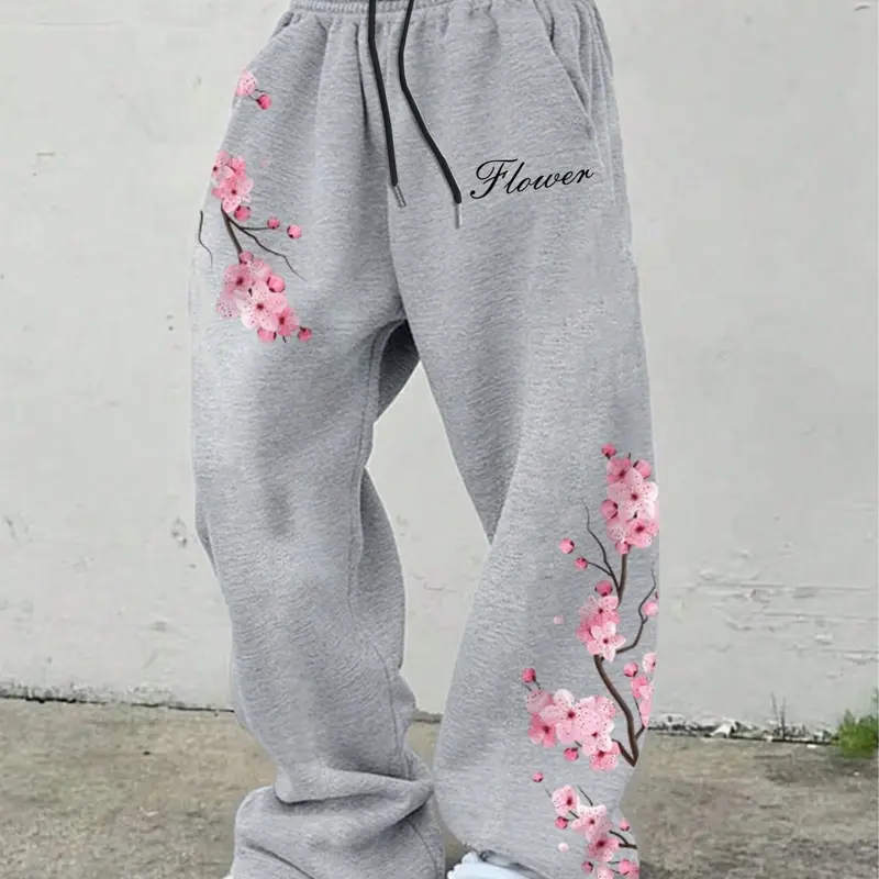 Y2K Street Style Casual Aesthetic Summer Sakura Floral Flower Print Pants Loose-Fitting Wide Leg Adjustable Drawstring Long Pants, Unisex Fashion for Streetwear, Bottom, Trouser, Adjustable Casual Bottoms