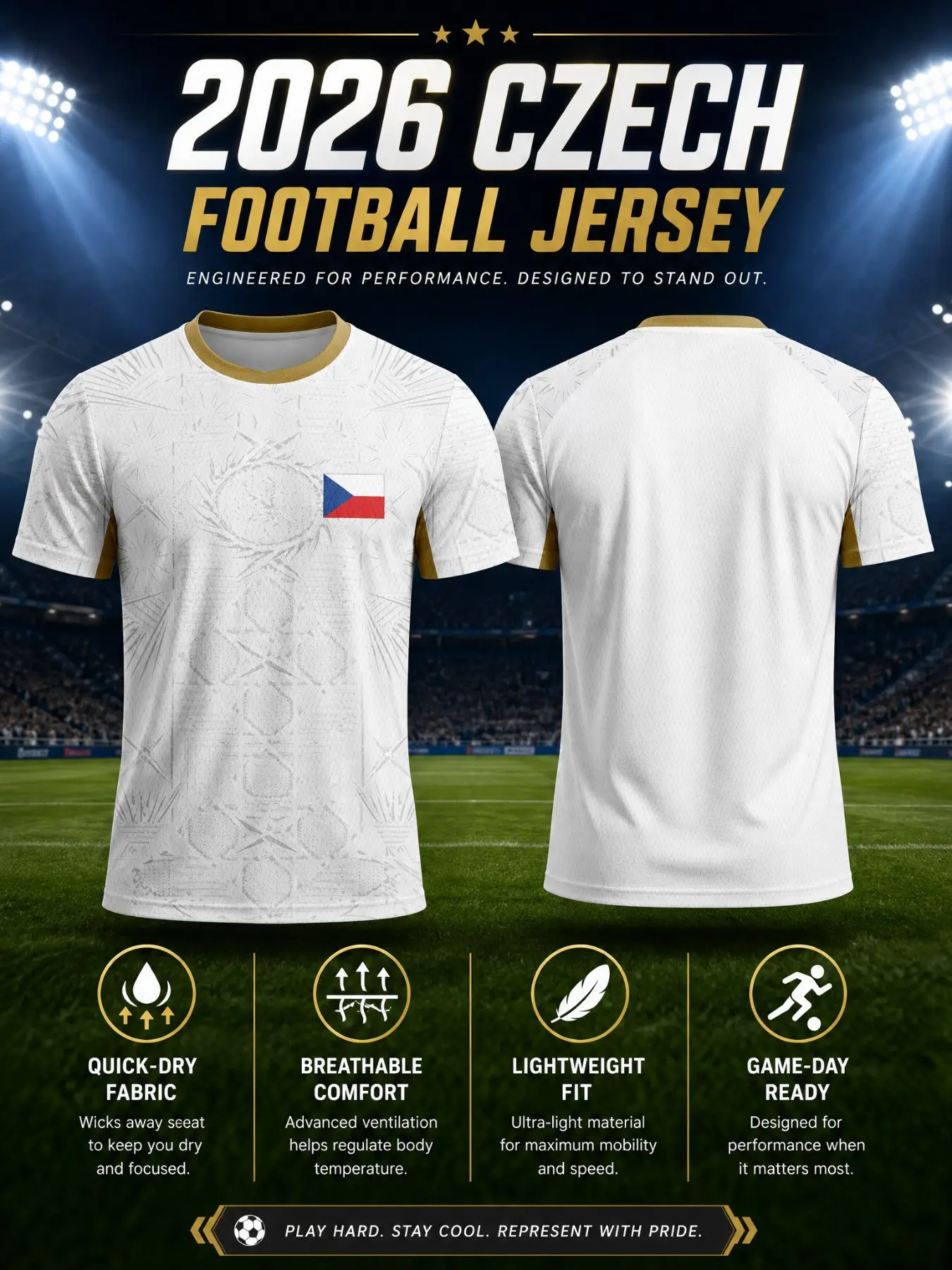 2026 Czech National Team Men's Away Soccer Jersey, Mesh Round Neck T-Shirt, Short Sleeve Jersey, Quick-Dry Breathable Lightweight, Gold Collar, Retro Geometric Print, Lightweight Football Jersey