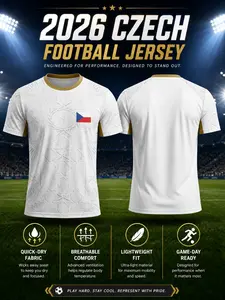 2026 Czech National Team Men's Away Soccer Jersey, Mesh Round Neck T-Shirt, Quick-Dry Breathable Lightweight, Gold Collar, Retro Geometric Print