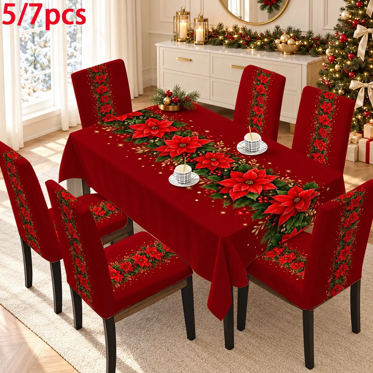 5PCS/7PCS Christmas wine red elegant vertical stripe gold border poinsettia tablecloth chair cover set (1 tablecloth+4/6 chair covers) 140 * 210cm tablecloth, easy to disassemble and wash, suitable for autumn home decoration/kitchen decoration