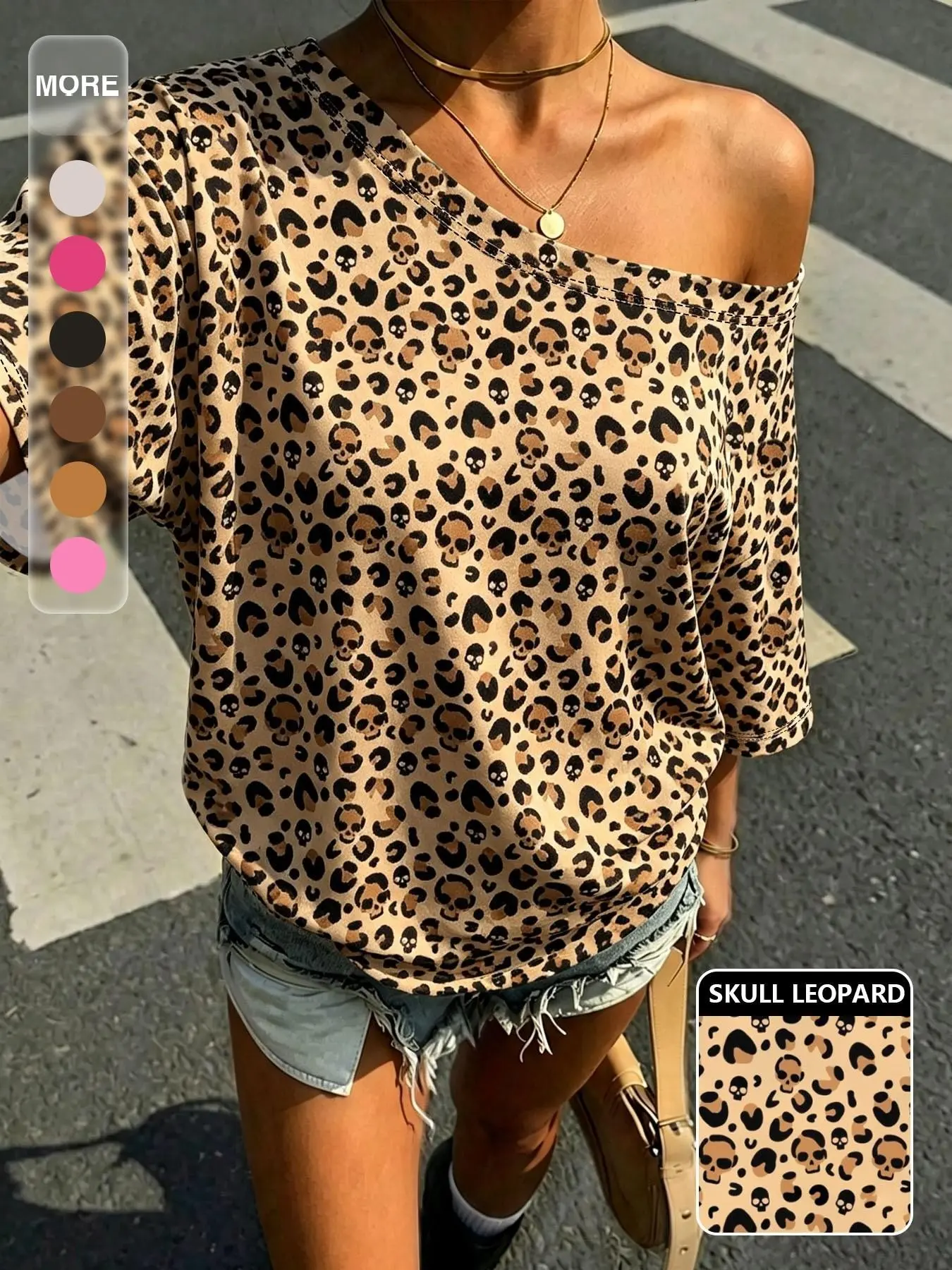 Women's Loose-Fitting Lightweight Leopard Print Off-Shoulder T-Shirt with Casual Style, Short Sleeve Animal Pattern Top for Shopping, Vacation, and Daily Outings