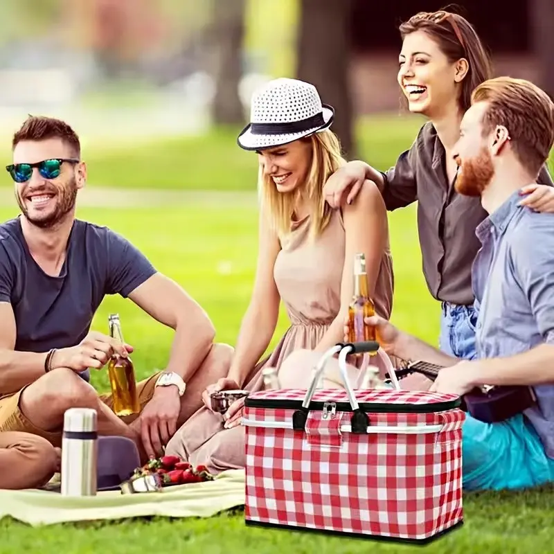 Large Capacity Dual Layer Aluminum Insulated Picnic Basket, Foldable Frame Outdoor Camping Picnic Bag, Big Handheld Lunch Box Insulator