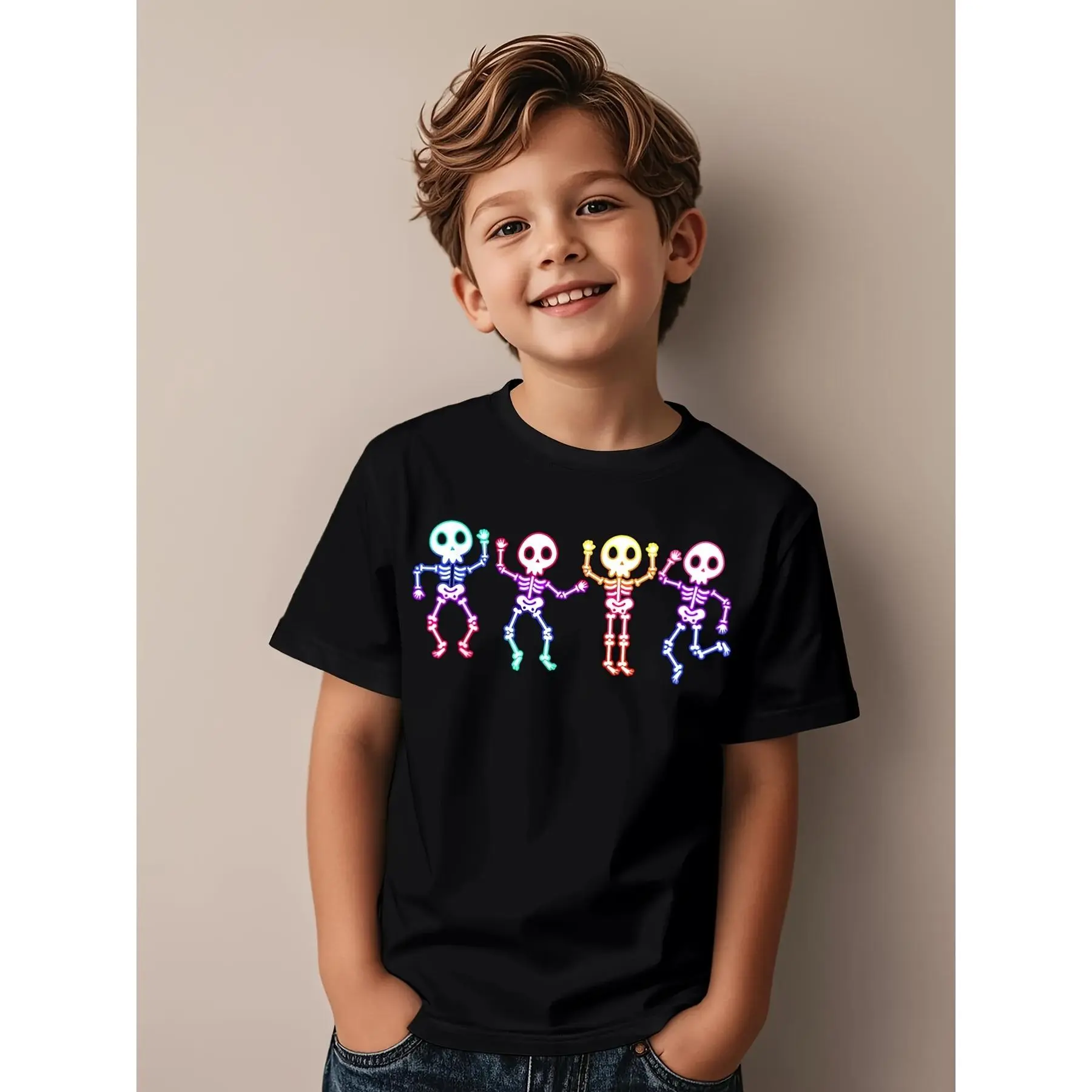 Funny Dancing Skeleton Glow-in-the-Dark Halloween Series Short-Sleeve T-Shirt for Boys and Girls, Casual Wear, Suitable for Birthday Gifts, Daily Wear, and Special Holiday