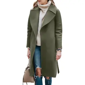 Yousify Women's Trench Coat Long Wool Blend Pea Coat Winter Casual Overcoat Notched Lapel Collar Belted Long Jacket Outerwear