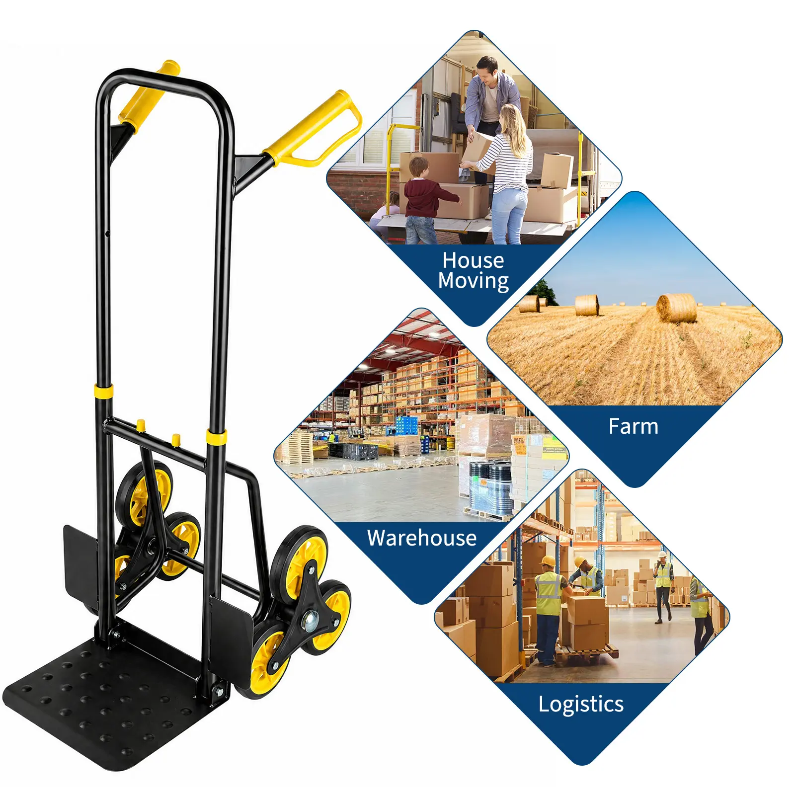 Heavy-Duty Stair Climbing Hand Truck – 350kg Capacity, 6 Wheels, Collapsible, 35x30cm Anti-Slip Platform – Ergonomic, Stable Cart for Industrial Material Handling, Moving, Home, Office