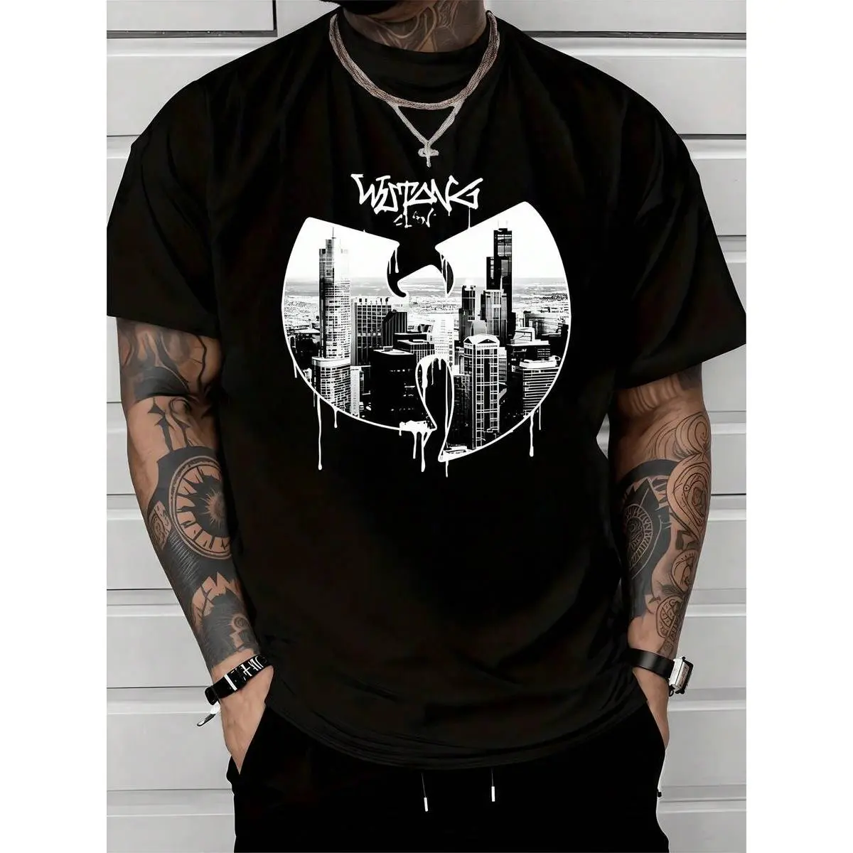 Men's 100% Cotton Classic Short-Sleeve Seamless Apparel, Urban Skyline Silhouette With Dripping Effect Graphic T-Shirt Symbolizing City Strength & Cultural Unity, Shortsleeve