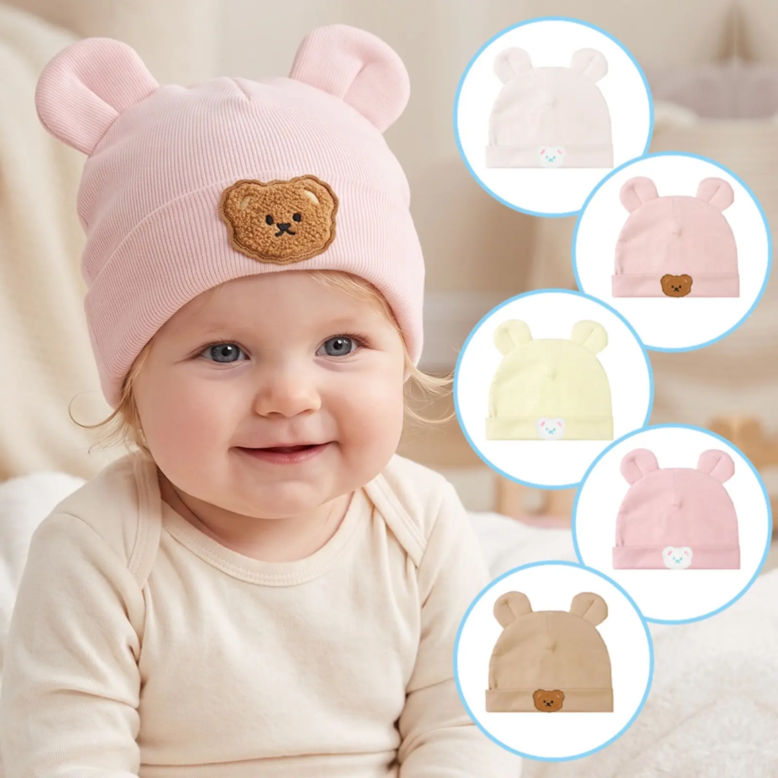 Unisex Ribbed Knit Beanie with 3D Bear Ears & Embroidered Patch, Soft Stretch Skull Cap in Neutral Colors for All Seasons Daily Wear