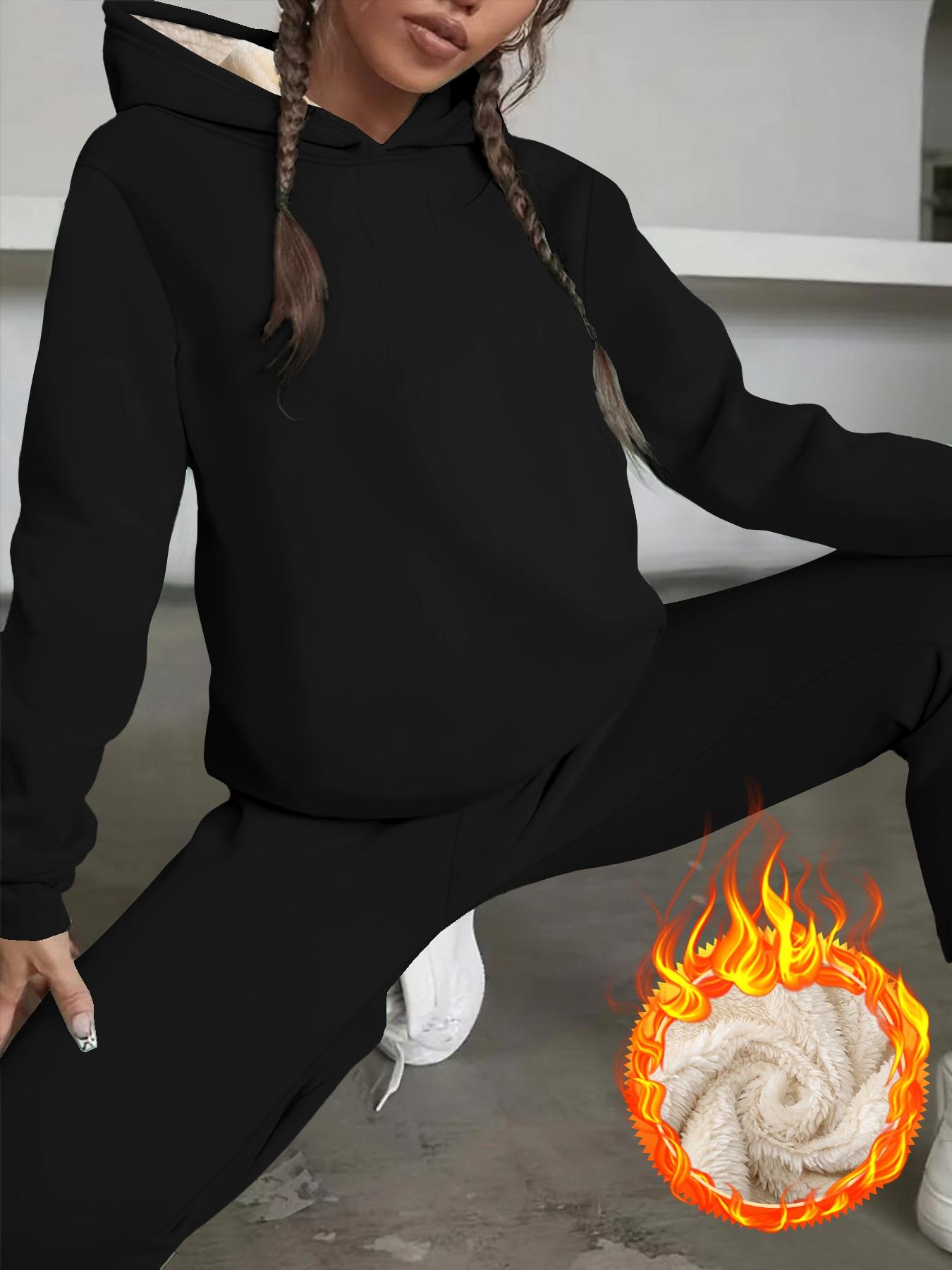 Women's Casual Hooded Pullover Sweatshirt Set, Thick Fleece Lined, Loose-Fit Jogger Pants, Fall & Winter, Two-Piece Tracksuit