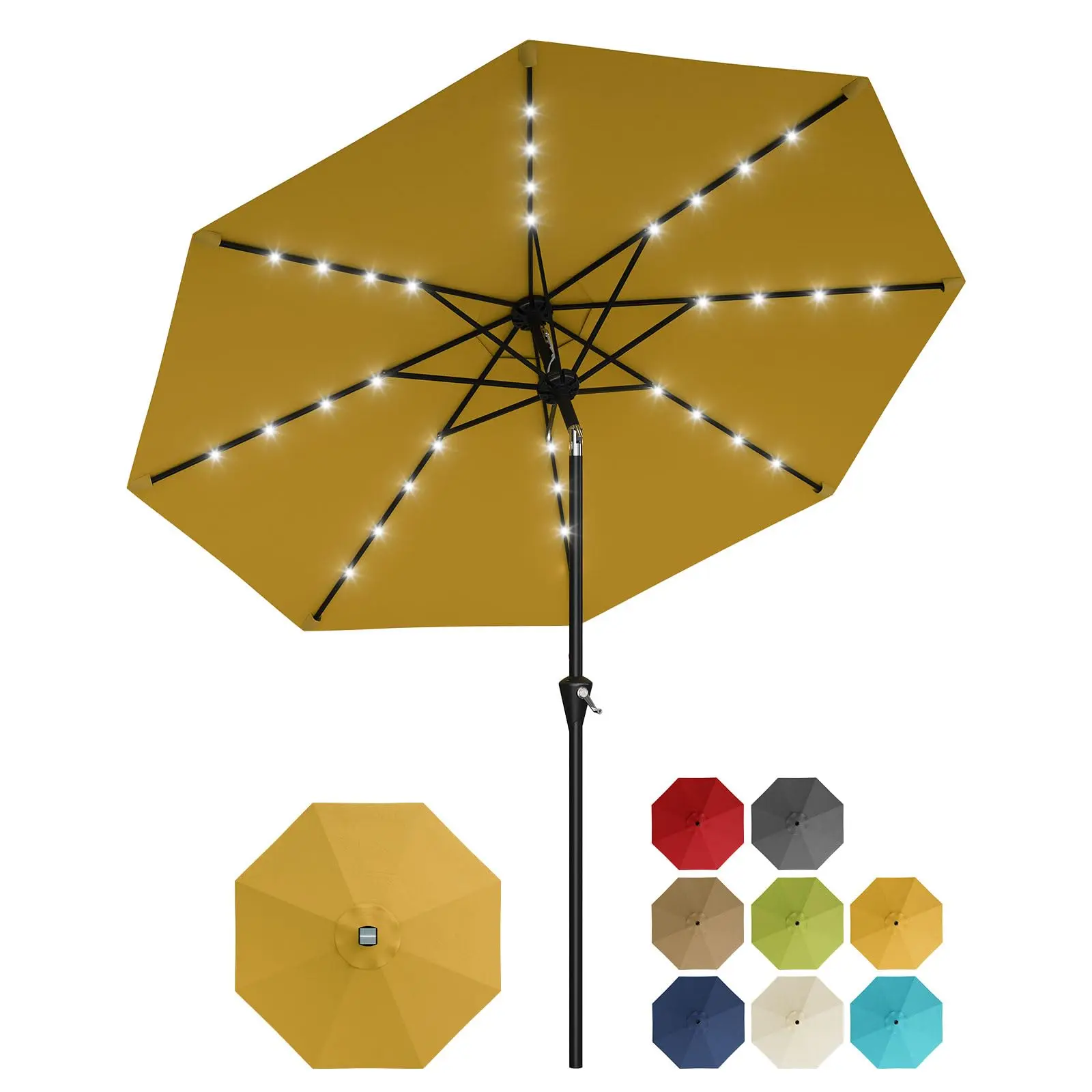 【Garvee】9FT Solar Patio Umbrella with 32 LED Lights – Crank Lift, Push Button Tilt, 8 Sturdy Ribs, UV Protection – for Outdoor Table, Pool, Deck, Yard, Garden – Yellow