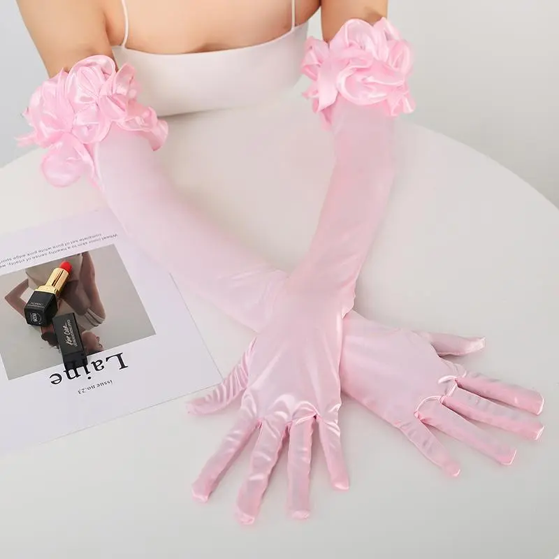 55CM Opera Stage Pink Satin Elastic Wedding Dress Etiquette Gloves Retro Banquet Dance Performance Flower Lace Women Long Gloves