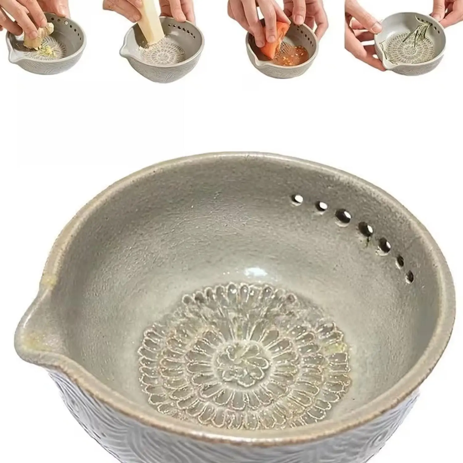 New handmade garlic grater X herb bowl, a two-in-one multi-functional kitchen tool with 5 hole diameters, an herb peeling bowl suitable for grating garlic and ginger, making kitchen preparation easy and tidy, Kitchen utensils, Kitchen gadgets