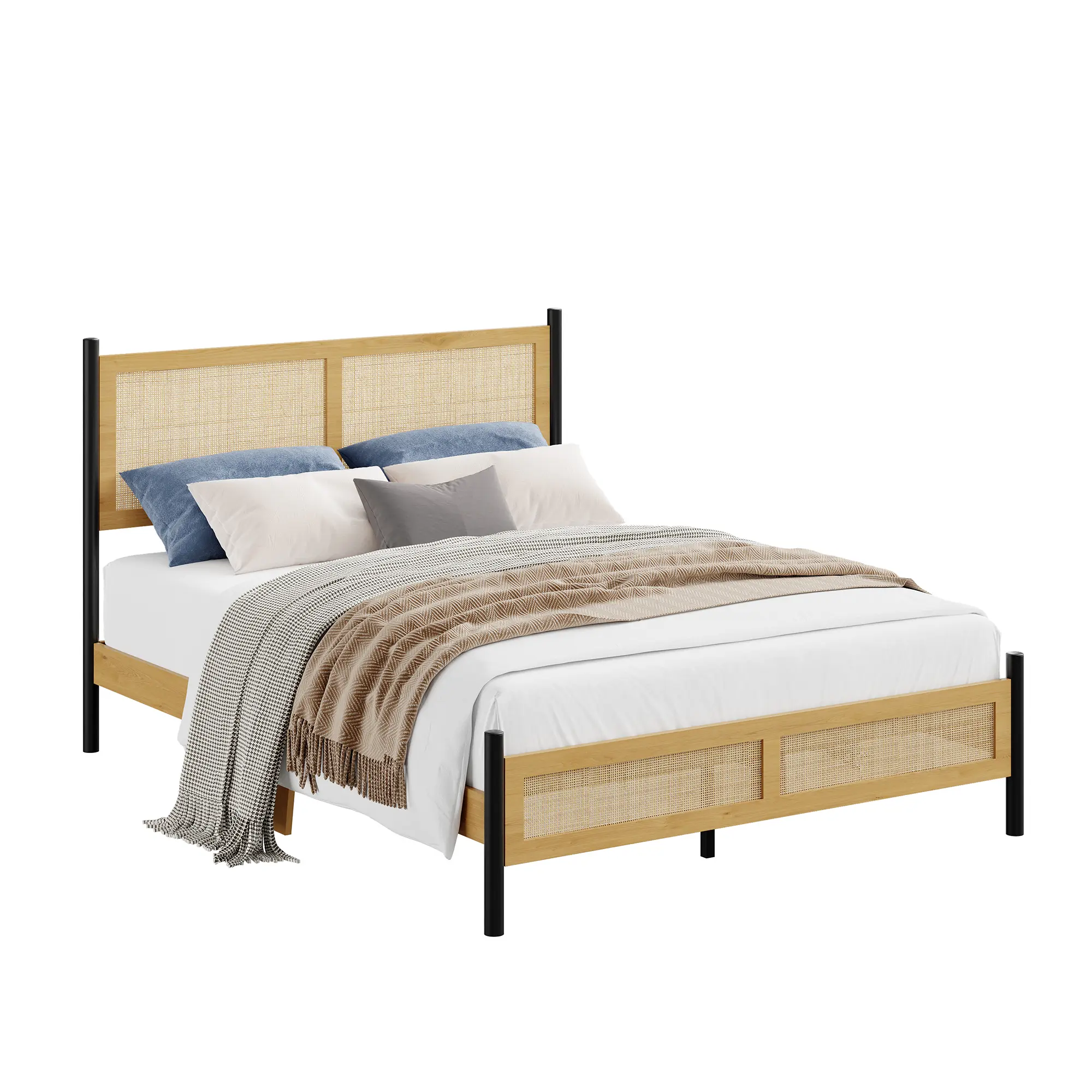 Boho Rattan Bed Frame with Hand Woven Wicker Headboard and Footboard Queen King Size Solid Wood Slats for Bedroom Furniture Aesthetic