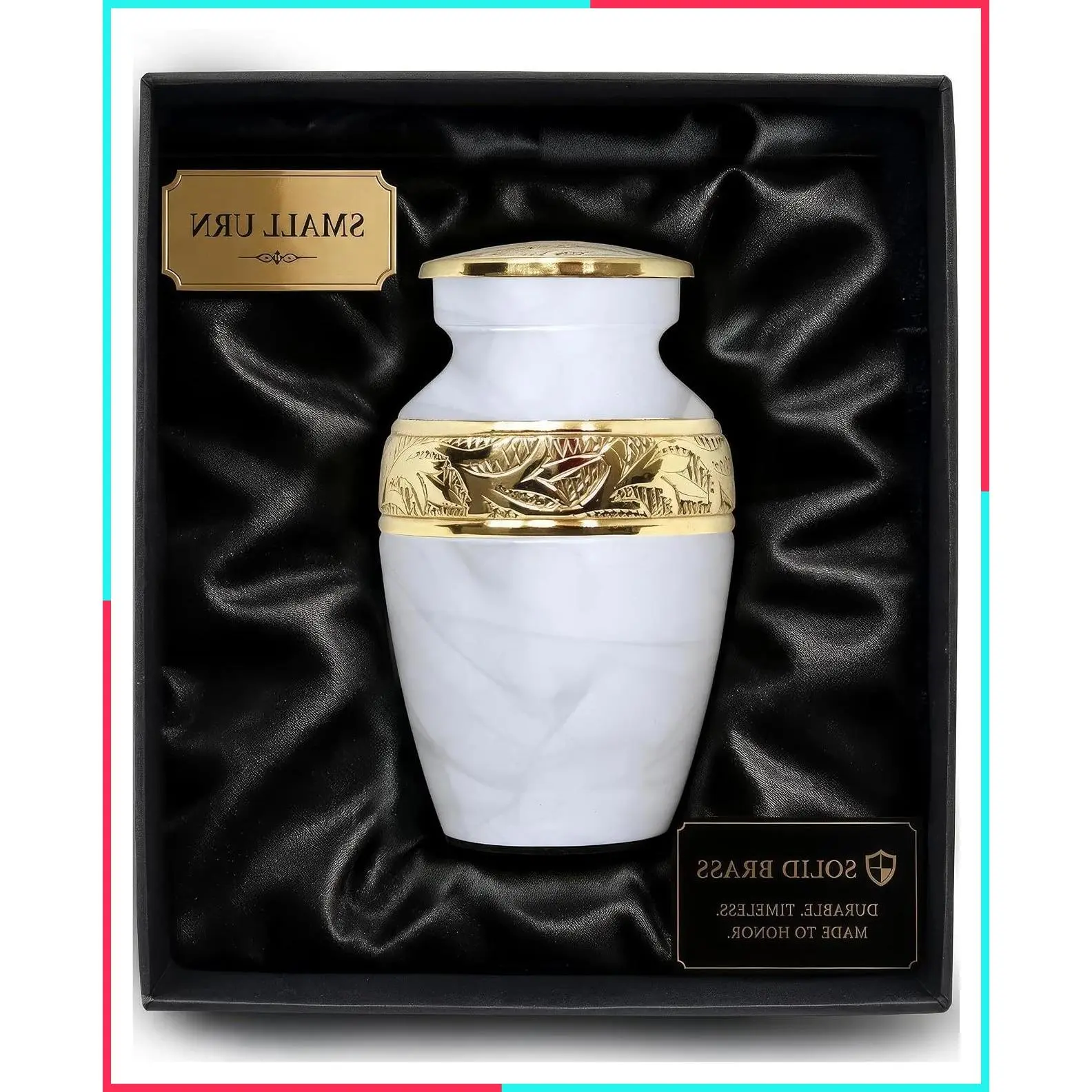 Handcrafted White Memorial Urn with Brass Accent - Small Keepsake Urn for Human Ashes for Men and Women - Remembrance Urn