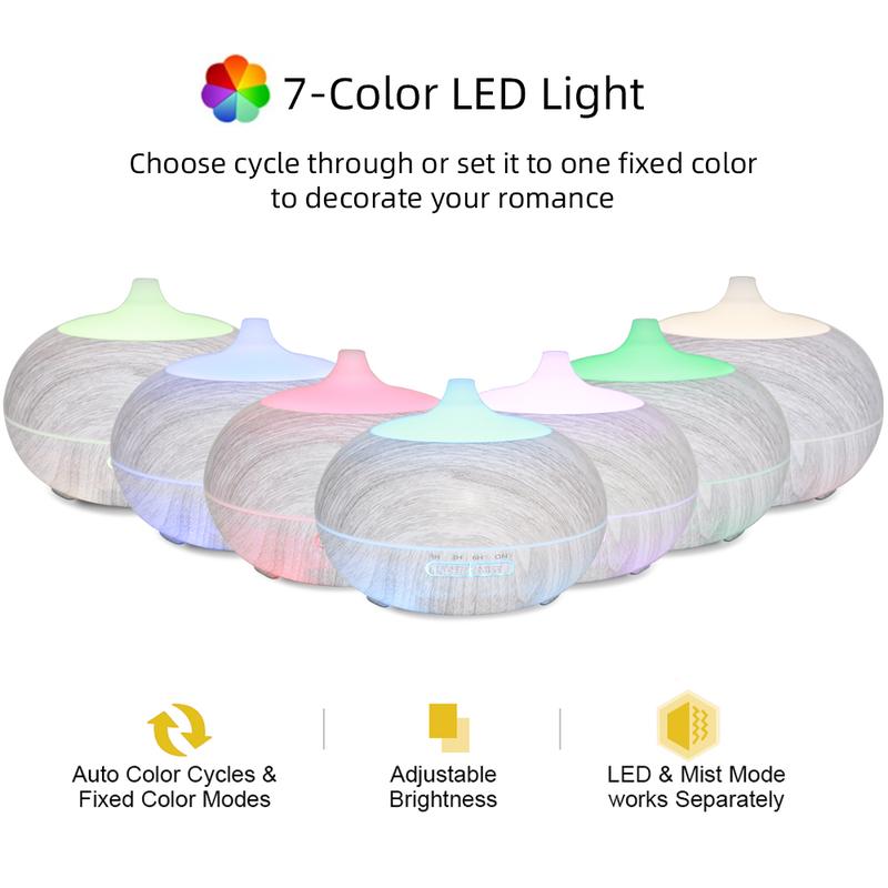 550ml Wood Grain Aromatherapy Diffuser with Remote, 6 Essential Oils & 7 Color LED Light